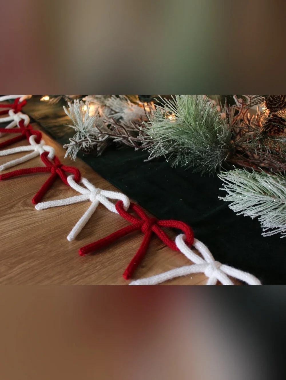 Handmade Knitted Holiday Bow Garland- 6 Ft- Red & Sparkly White